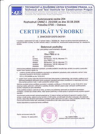 Certifikát výrobkov Benových podložiek